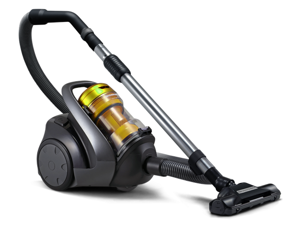 A vacuum cleaner is shown with the handle down.