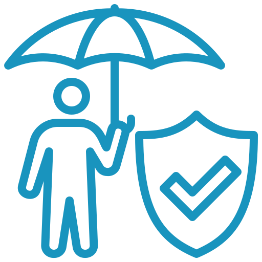 A blue and black icon of an umbrella