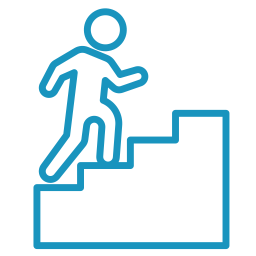 A blue line drawing of a person climbing stairs.