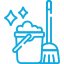 A blue pixel art icon of a broom and garbage can.