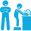 A blue pixel art of two people standing next to each other.